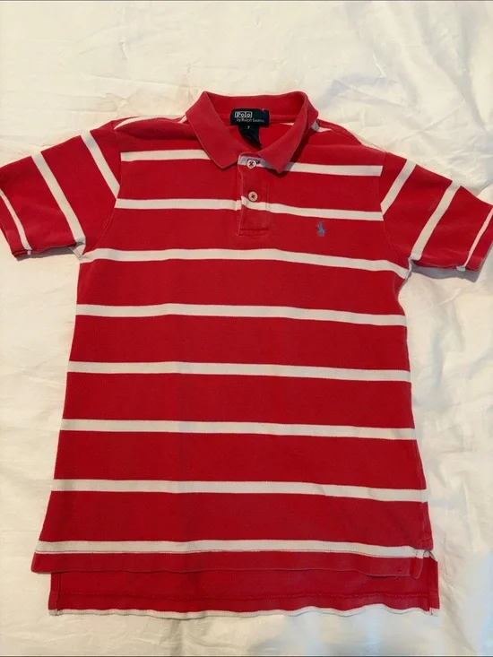 Ralph Lauren Boys’ Coral Red and White Striped Polo Shirt w Blue Horse Size 7