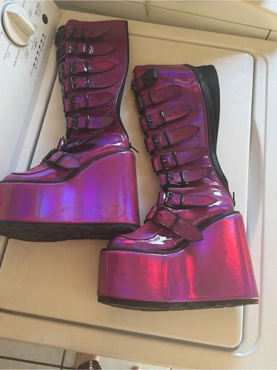 Demonia Platform Buckle Boots Iridescent Magenta