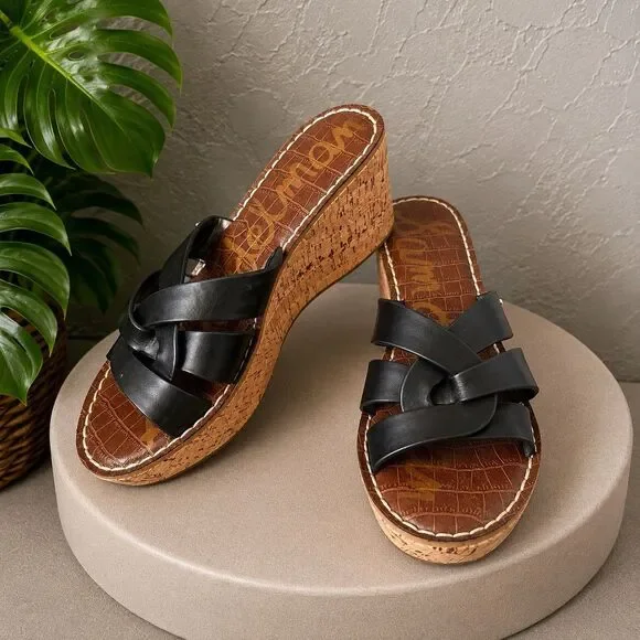 Sam Edelman Raynere Leather Cork Wedge  Platform Slide Sandals Black Women’s 6.5