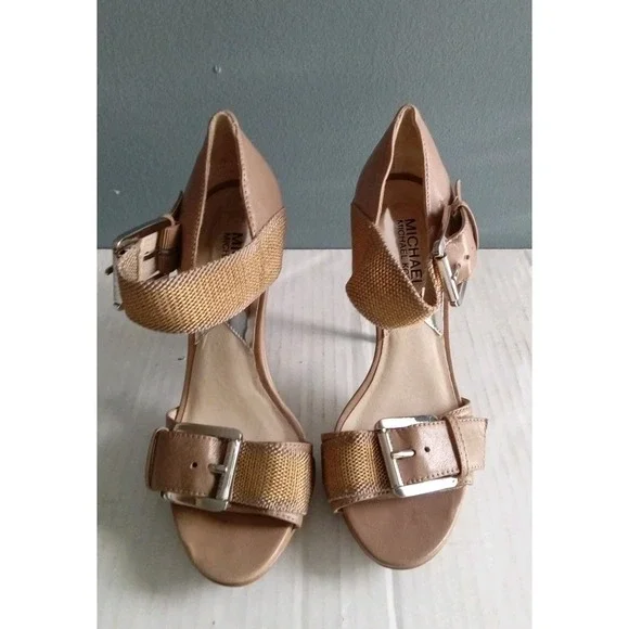 Michael Kors Buckle Heeled Sandals Ankle Strap Tan Gold‎ Accents