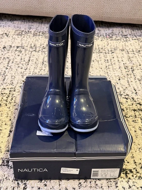 Nautica Sailemy Boys Blue Solid Rain Boots Pull-On Logo US 11 UK 10 EU 28