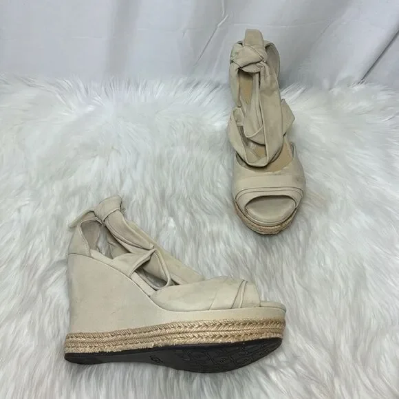 UGG Lucy‎ Ankle Light Tan Twist Wrap Jute Wedge Platform Sandals Sz 8.5