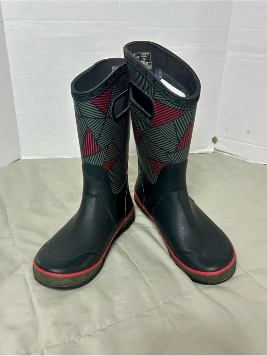 Bogs Kids Black and Red Geometric Rain Boots, Waterproof, Youth Size 5