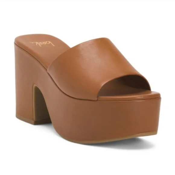 Beek Tan Leather Platform Slide Sandals Chunky Block Heel Mules Womens 10‎ New