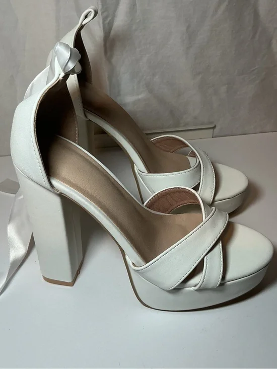 White Platform Block Heel Sandals with Ankle Tie
