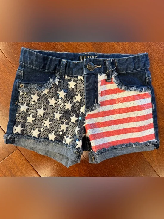 Justice Denim Shorts with Star & Stripe Sequin Panels - Blue/Red