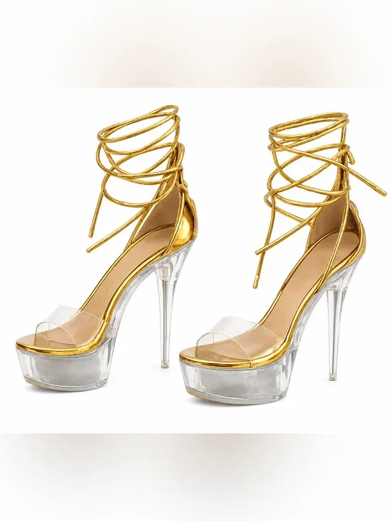 Gold Lace-Up Clear Platform High Heels for Women