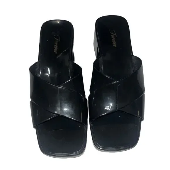 Vintage Forever 21 Sz 7 Black Jelly Chunky Slides 90s Y2K
