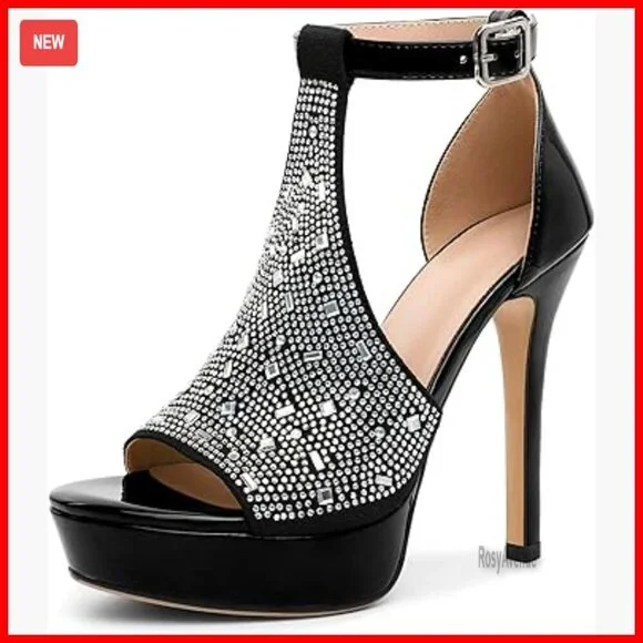 Platform Heel Sandals Rhinestone Stiletto Open Toe Dressy Evening Party 4.7 Inch
