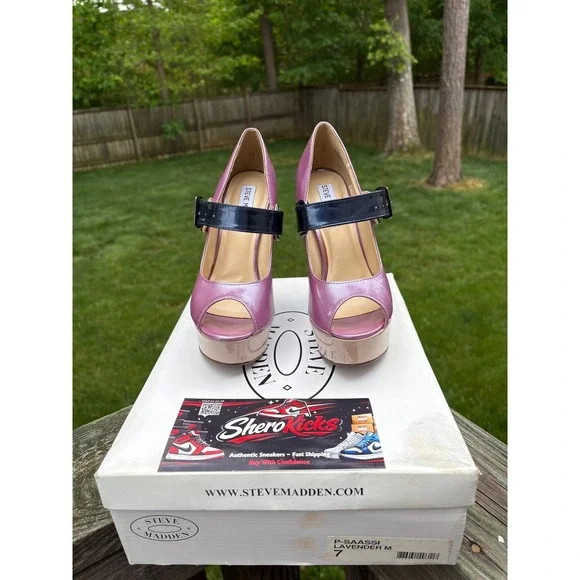 Steve Madden Saassi Lavender Metallic Peep‎ Toe Platform Mary Jane Heels Navy 7