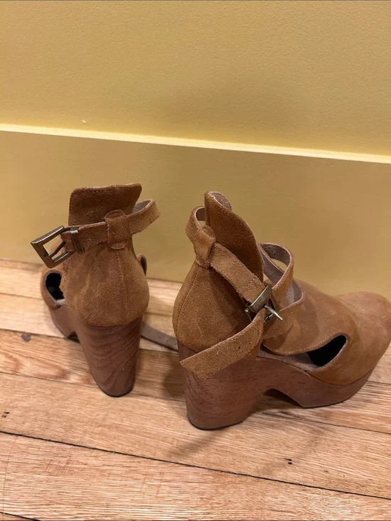 Free People Tan Suede Cutout Platform Heels with Ankle Strap