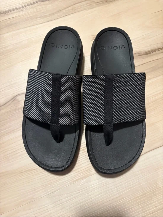 Vionic Black and Gray Striped Slide Sandals