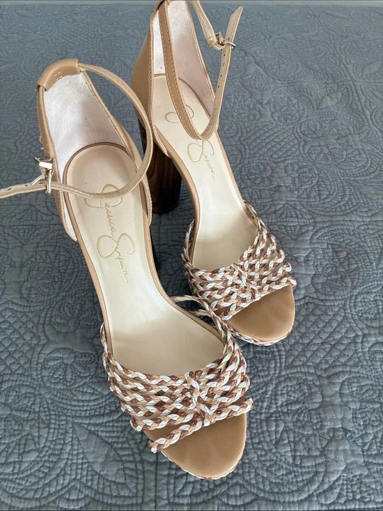 Jessica Simpson Braided Tan and White Ankle-Strap Block Heels