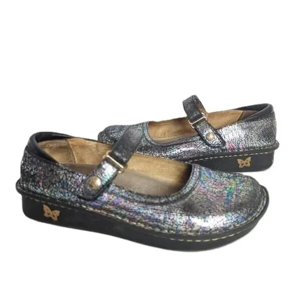 Alegria Shoes Mary Jane‎ Metallic Silver Comfort Platform EU 37 Retro Boho