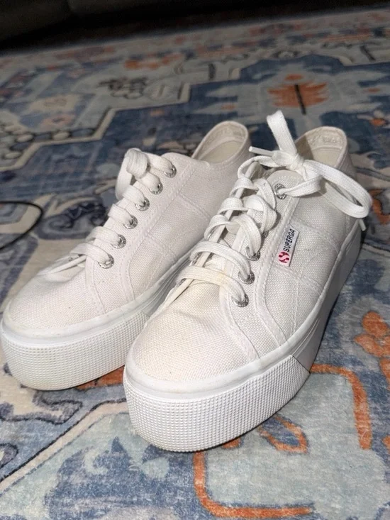 Superga White Platform Canvas Lace-Up Sneakers