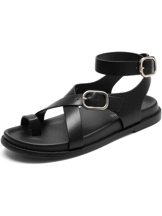 Women's Black Flat Thong Comfortable Solid Footbed Strappy Platform Sandal Shoes