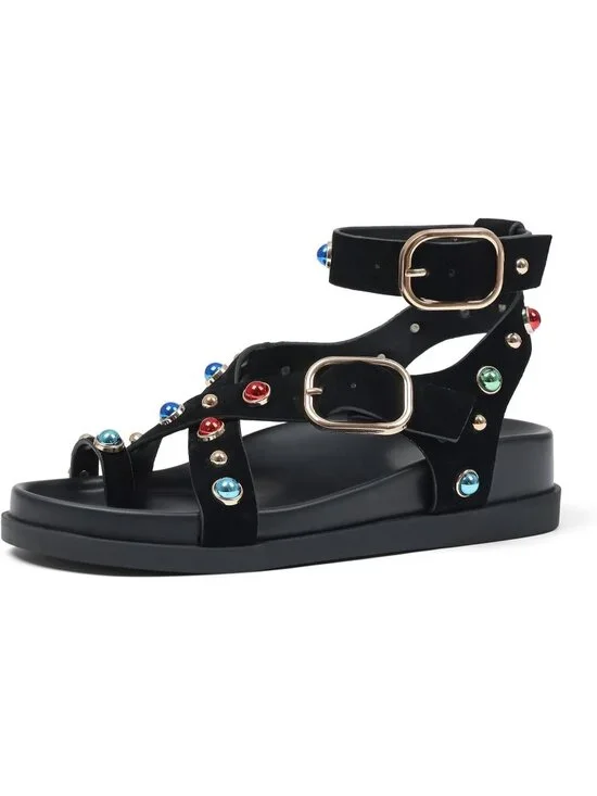 Women's Black Rhinestone Ankle Wrap Molded Footbed Flat Platform Sandal Shoes