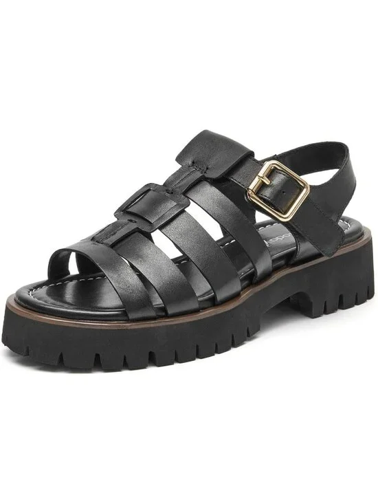 Women's Black Chunky Gladiator Open Toe Leather Platform Fisherman Sandal Shoes