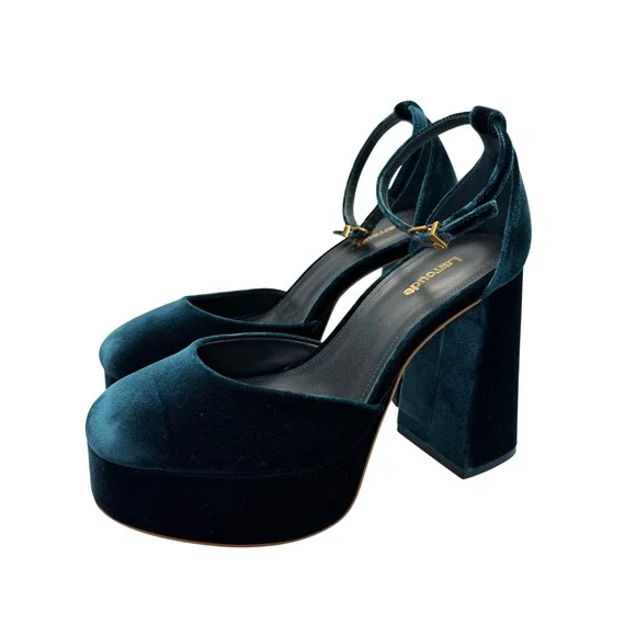 Larroude Miso Platform Pumps Teal Blue Velvet Ankle Strap Block Heel Womens 7