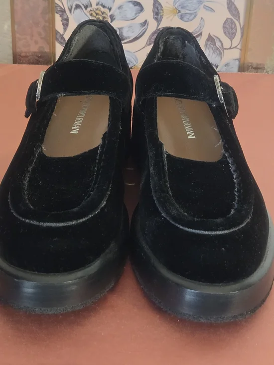 Emporio Armani Black Velvet Mary Jane Loafers with Silver Buckle