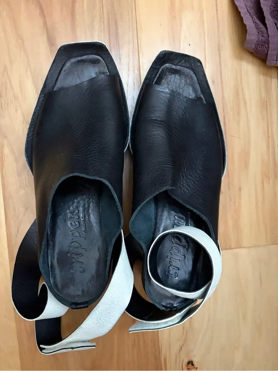 Women's Black Leather Platform Sandals with White Ankle Strap