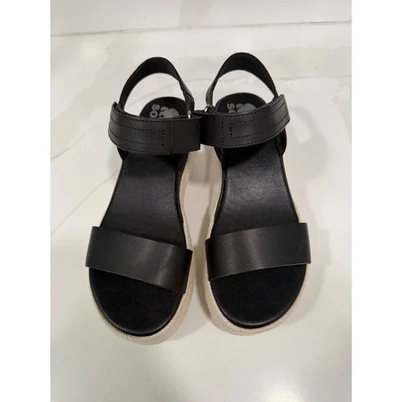 Sorel Cameron Flatform Espadrille Sandals Black Leather Platform Womens