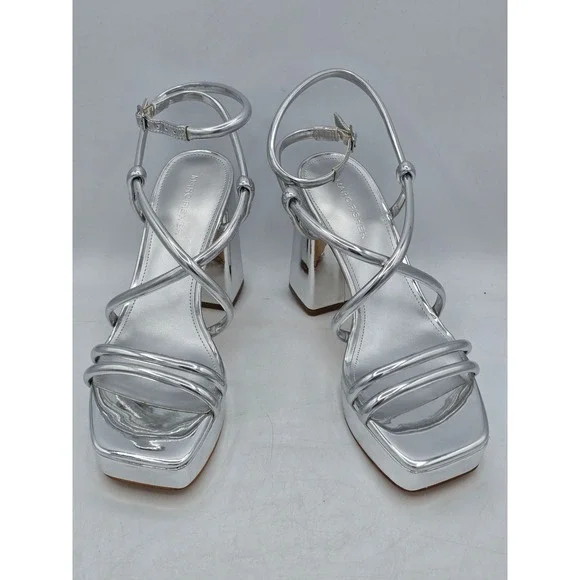 Marc Fisher Gimie Platform Sandals Womens 8 Silver Strappy Block Heel -Excellent