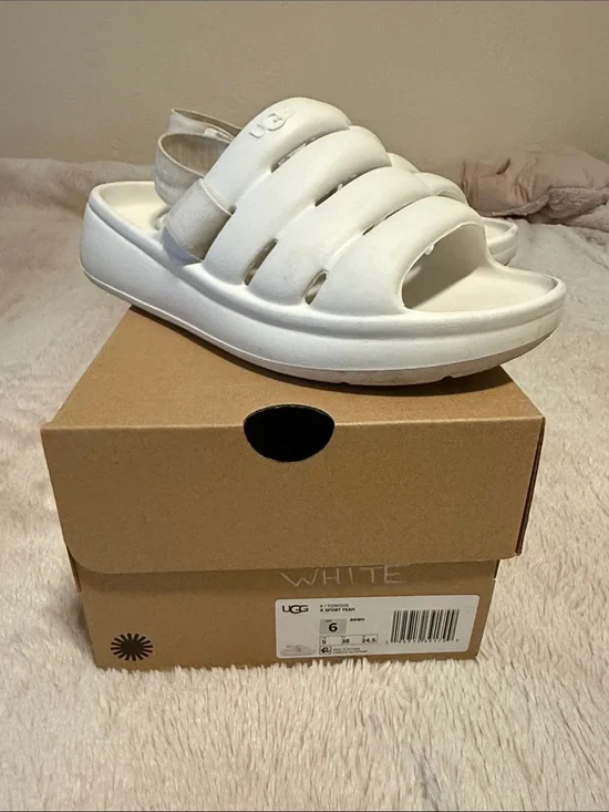 UGG Kids/ Women White  Sport Yeah Slide Sandals with Back Strap