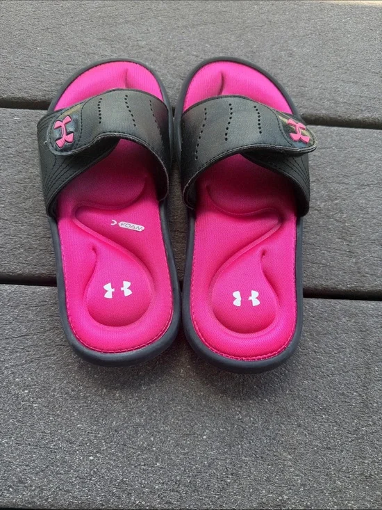 Under Armour Kids Black Slides with Bright Pink Footbed