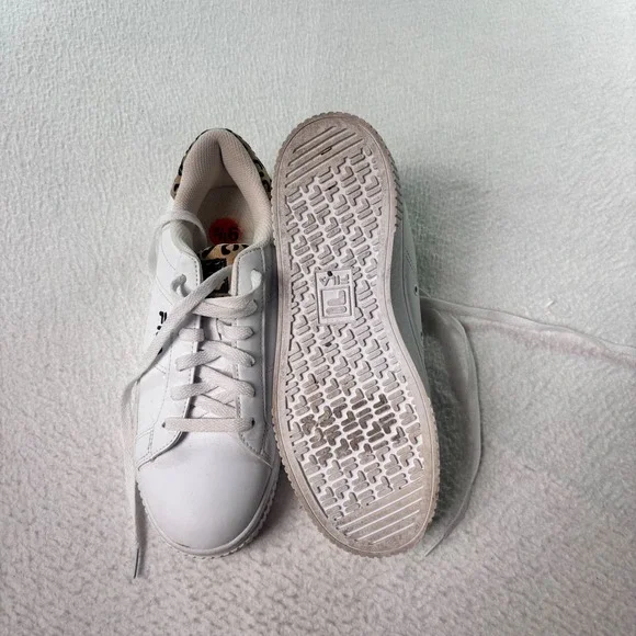 FILA Platform Sneakers Womens 9.5 White Leopard Print Heel Lace Up Casual Shoes