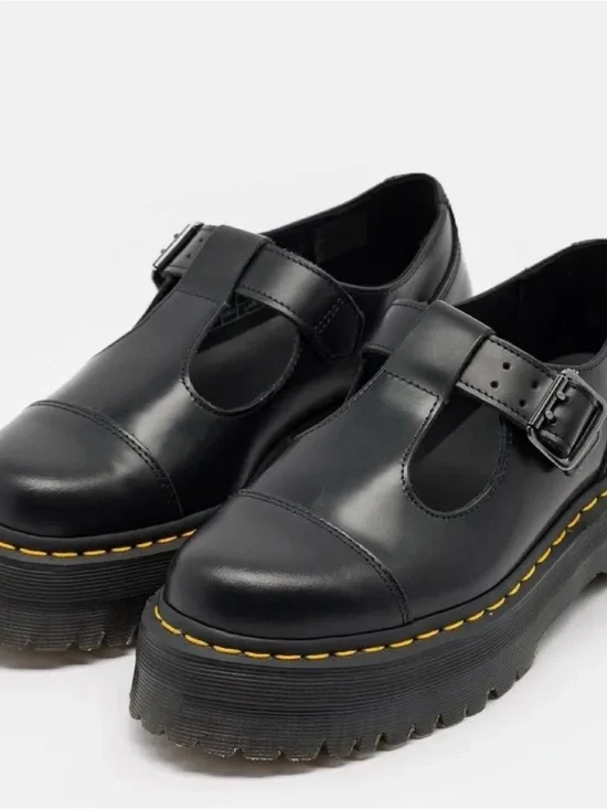 Dr. Martens Black Leather Platform T-Bar Mary Janes with Yellow Stitching