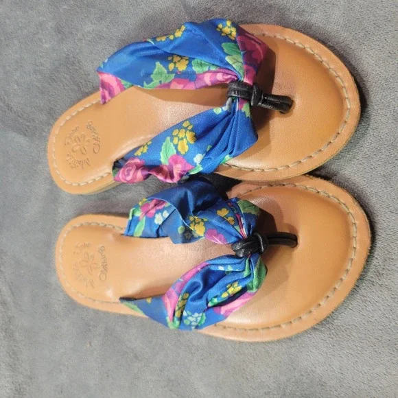Matilda Jane Clothing Girls Floral Fabric‎ Knot Thong Sandals Blue Pink Size 10
