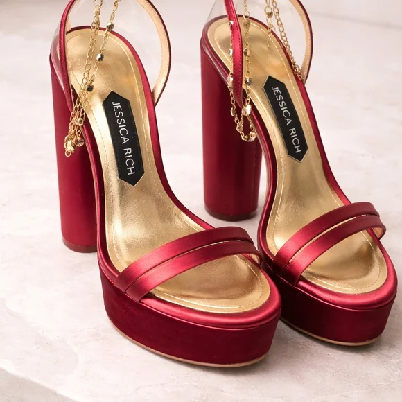 Jessica Rich Red Satin Platform Sandals Chain Anklet Block Heel Designer Heels