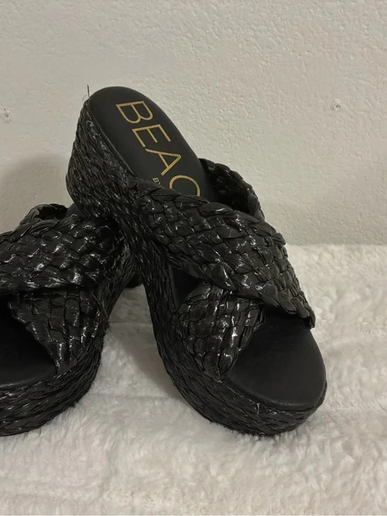 Matisse Beach Reflection Heels - Black Woven Platform Slide Sandals