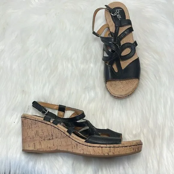 Born BOC Black Leather Strappy Cork Platform Sandals Sz 9‎