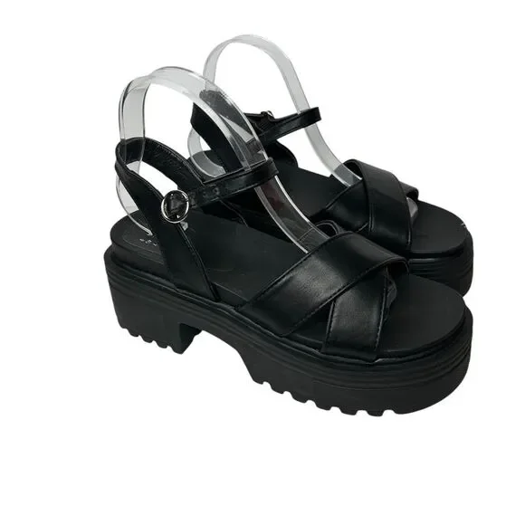 New Faux Leather Chunky Black Platform Sandals 9 Ankle crossover Strap