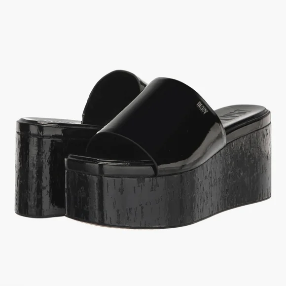 DKNY Glossy Black Adalira Platform Wedge Slides #1225