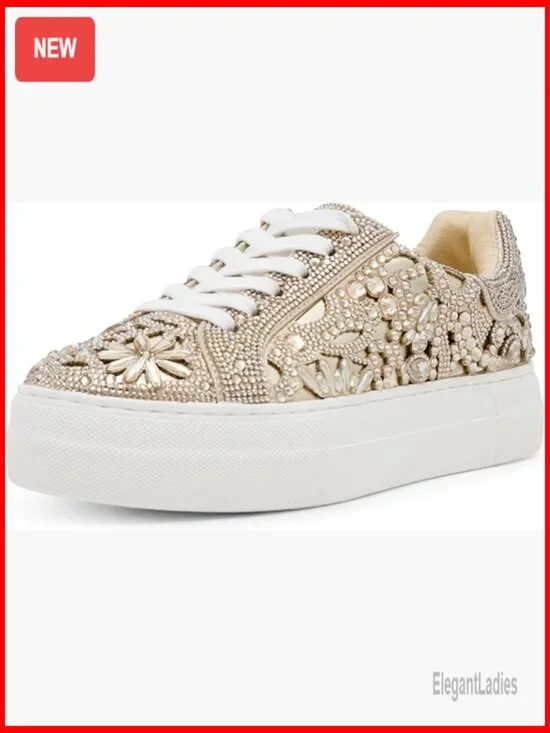 Rhinestone Platform Sneakers with 1.5 Inch Heel, Lace-Up Closure