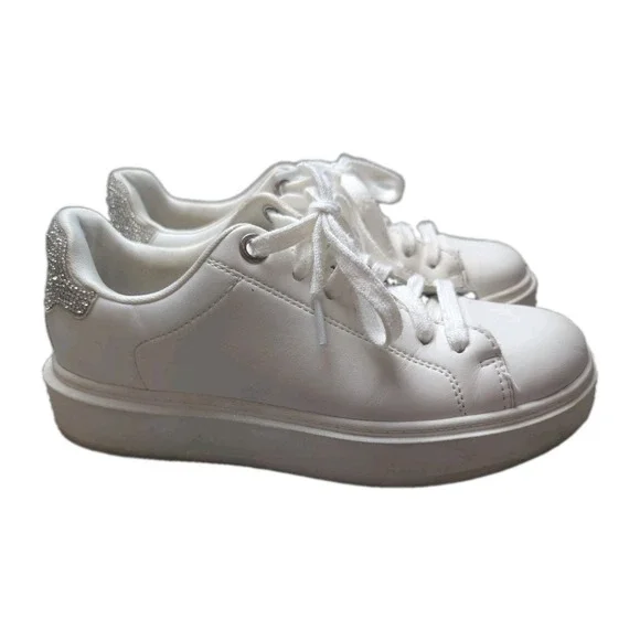 Steve Madden Women's White Platform Sneakers Rhinestone Heel Lace Up Casual 7