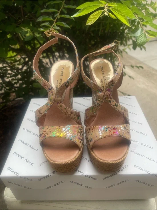 Andre Assous Pink Multicolor Glitter Jute Platform Sandals