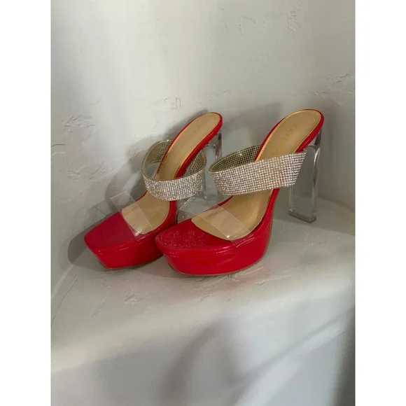 Kayleen Red Patent Rhinestone Platform Sandals Clear Block Heel Billy-7 Size 6.5