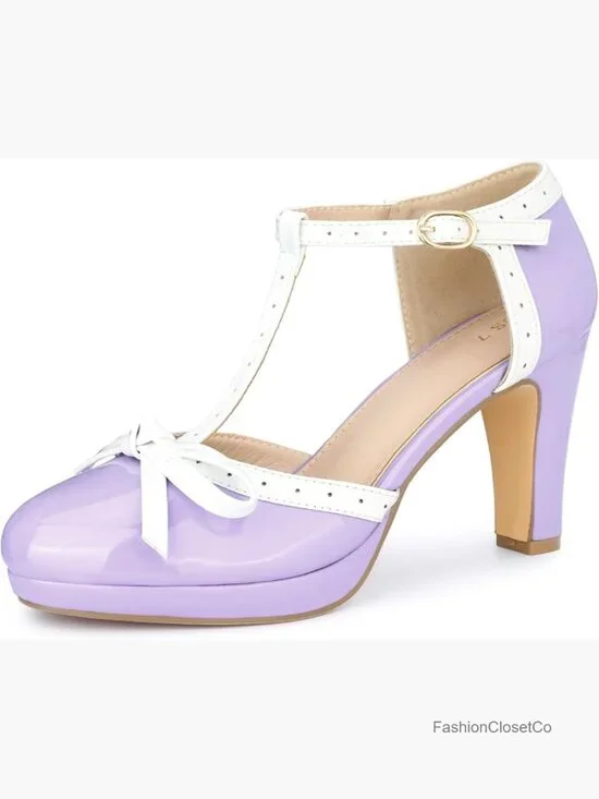 Faux Leather Platform Chunky Heel Mary Janes with Bow T-Strap
