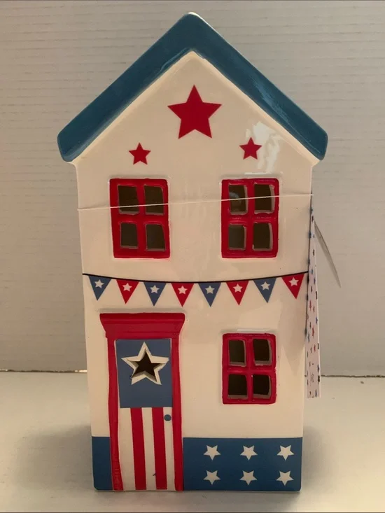 Stars and Stripes Patriotic Ceramic Led Light Up House