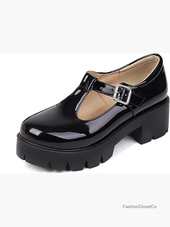 Chunky Platform Mary Janes with Buckle Strap Patent Leather School Shoes