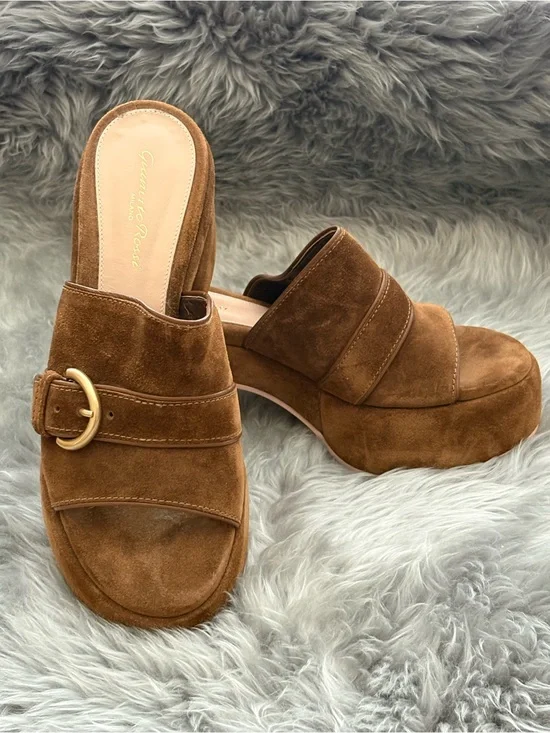 Gianvito Rossi Brown Suede Platform Mule Slides with Gold Buckle