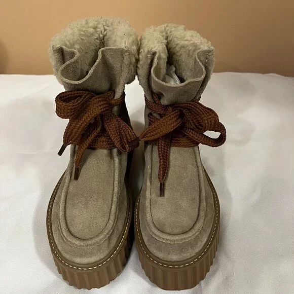 ASTER Dorit Boots Platform Suede Taupe Faux Alpaca Cream Lug Sole Women's 6 NWB