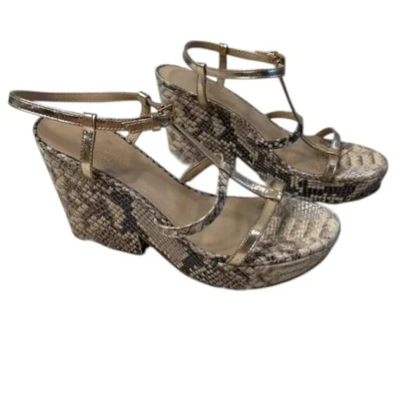 Kate Spade Venezia Heels 7.5 Tan Snake Print Strappy Platform Open Toe Italy