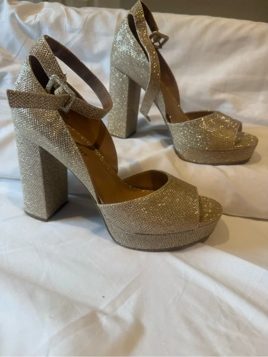 Sun + Stone Gold Glitter Platform Block Heel Sandals