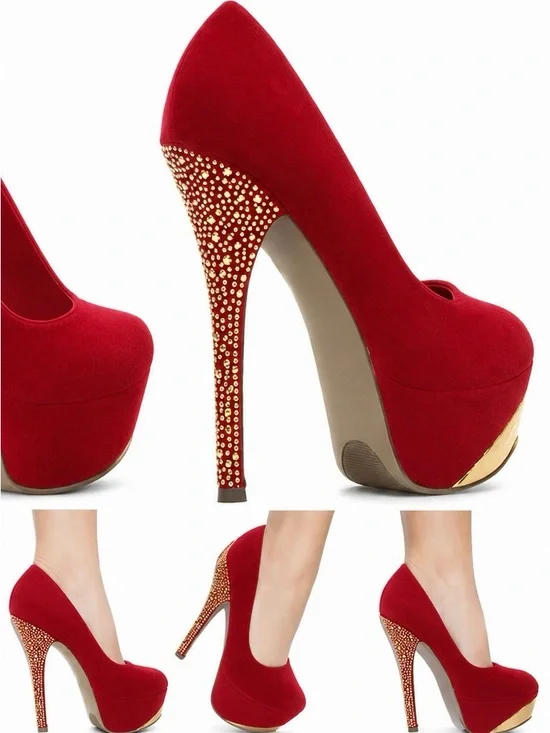 Shoe Dazzle SHERINE Red Platform Pumps with Gold Crystal Heel
