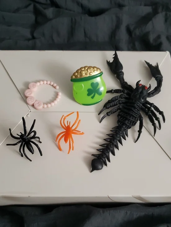 Halloween Toy Assortment - Black Scorpion, Orange & Black Spiders, Green Pot
